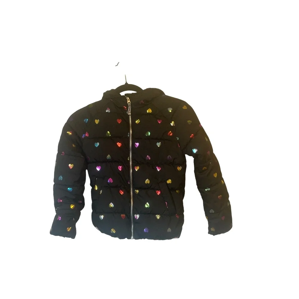 Kids Old Navy Black Puffer Jacket Rainbow‎ Metallic Hearts Size M 8